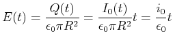 $\displaystyle E(t) = \frac{Q(t)}{\epsilon_0 \pi R^2} = \frac{I_0(t)}{\epsilon_0 \pi R^2}t = \frac{i_0}{\epsilon_0}t$