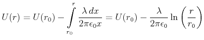 $\displaystyle U(r) = U(r_0)-\int\limits_{r_0}^r\frac{\lambda  dx}{2\pi\epsilon_0 x} = U(r_0)-\frac{\lambda}{2\pi\epsilon_0}\ln\left(\frac{r}{r_0}\right)$