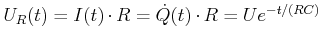 $\displaystyle U_R(t) = I(t)\cdot R = \dot{Q}(t)\cdot R = U e^{-t/(RC)}$
