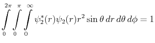 $\displaystyle \int\limits_0^{2\pi}\int\limits_0^\pi\int\limits_0^\infty \psi_2^*(r) \psi_2(r)r^2 \sin\theta\, dr\, d\theta\,
d\phi=1$