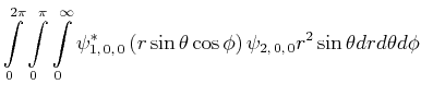 $\displaystyle \int\limits_0^{2\pi}\int\limits_0^{\pi}\int\limits_{0}^{\infty} \...
...eta\cos\phi\right)\psi_{2\text{,}\,0\text{,}\, 0}r^2\sin\theta dr d\theta d\phi$