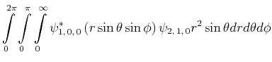$\displaystyle \int\limits_0^{2\pi}\int\limits_0^{\pi}\int\limits_{0}^{\infty} \...
...eta\sin\phi\right)\psi_{2\text{,}\,1\text{,}\, 0}r^2\sin\theta dr d\theta d\phi$