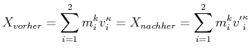 $\displaystyle X_{vorher} = \sum\limits_{i=1}^{2} m_i^k v_i^\kappa = X_{nachher} = \sum\limits_{i=1}^{2} m_i^k {v'}_i^\kappa$