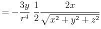 $\displaystyle = -\frac{3y}{r^4}\; \frac{1}{2}\frac{2x}{\sqrt{x^2+y^2+z^2}}$