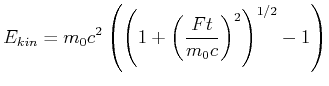 $\displaystyle E_{kin} = m_0 c^2 \left(\left(1+\left(\frac{F t}{m_0 c}\right)^2\right)^{1/2}-1\right)$