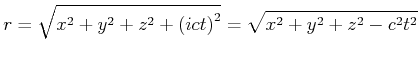 $\displaystyle r =
\sqrt{x^2+y^2+z^2+\left(ict\right)^2} = \sqrt{x^2+y^2+z^2-c^2t^2}$