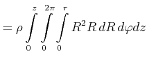 $\displaystyle =\rho\int\limits_{0}^{z}\int\limits_{0}^{2\pi}\int\limits_{0}^{r} R^{2}R dR d\varphi dz$