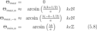   Θ     =           0
    max           ( λ(k+1∕2))
 Θmax,n ≈   arcsin  ---a---   k ϵℕ
                  (λ(-k-1∕2))
Θmax,-n ≈   arcsin      a      k ϵℕ
 Θ      =      arcsin (λk)     k ϵℤ      (5.8)
   min,n                a
