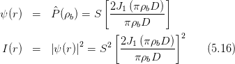                     [           ]
          ^          2J1-(πρbD-)
ψ(r)  =   P(ρb) = S     πρbD
                      [           ]2
               2     2 2J1-(πρbD-)
I(r)  =   |ψ (r)| = S      πρbD          (5.16)
