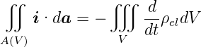 ∬             ∭
                    d-
     i·da  = −      dtρeldV
A(V)            V

