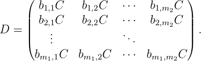      (                             )
       b1,1C    b1,2C   ⋅⋅⋅  b1,m2C
     || b2,1C    b2,2C   ⋅⋅⋅  b2,m2C  ||
D  = ||   ..             ..          || .
     (   .               .         )
       bm1,1C   bm1,2C   ⋅⋅⋅  bm1,m2C
