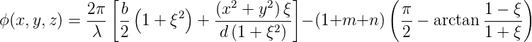                [                       ]            (                  )
            2π- b-(     2)   (x2-+-y2)ξ-              π-         1-−-ξ-
ϕ(x,y, z) = λ   2  1 + ξ   +  d(1 + ξ2)  − (1+m+n  )  2 −  arctan 1 + ξ
