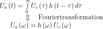          ∞
Ua (t) = ∫ Ue(τ) h(t − τ)dτ
         0
         ⇕   Fouriertransformation
    Ua (ω) = h (ω )Ue (ω)
