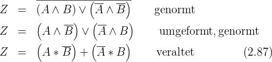        ----------(------)-
Z  =   (A ∧ B ) ∨ A ∧ B       genormt
Z  =   (A ∧ B-) ∨ (A-∧ B )     umgeformt, genormt
       (    --)  ( --   )
Z  =    A ∗ B  +   A ∗ B      veraltet         (2.87)
