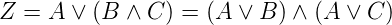 Z =  A ∨ (B ∧ C ) = (A ∨ B ) ∧ (A ∨ C )
