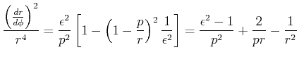 $\displaystyle \frac{\left(\frac{dr}{d\phi}\right)^2}{r^4} = \frac{\epsilon^2}{p...
...{1}{\epsilon^2}\right] = \frac{\epsilon^2-1}{p^2} + \frac{2}{pr} -\frac{1}{r^2}$