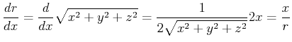 $\displaystyle \frac {dr}{dx} = \frac{d}{dx}\sqrt{x^2+y^2+z^2} = \frac{1}{2 \sqrt{x^2+y^2+z^2}} 2x = \frac{x}{r}$