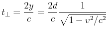 $\displaystyle t_\bot = \frac{2y}{c}=\frac{2d}{c}\frac{1}{\sqrt{1-v^2/c^2}}$