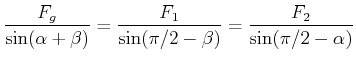 $\displaystyle \frac{F_g}{\sin(\alpha+\beta)}=\frac{F_1}{\sin(\pi/2-\beta)}=\frac{F_2}{\sin(\pi/2-\alpha)}$