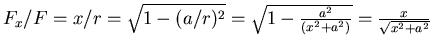 $F_x/F = x/r = \sqrt{1-(a/r)^2} =
\sqrt{1-\frac{a^2}{(x^2 + a^2)}} = \frac{x}{\sqrt{x^2+a^2}}$